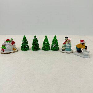 Vintage Christmas Village Accessories Ceramic Trees Children Figurines Set 7 pcs